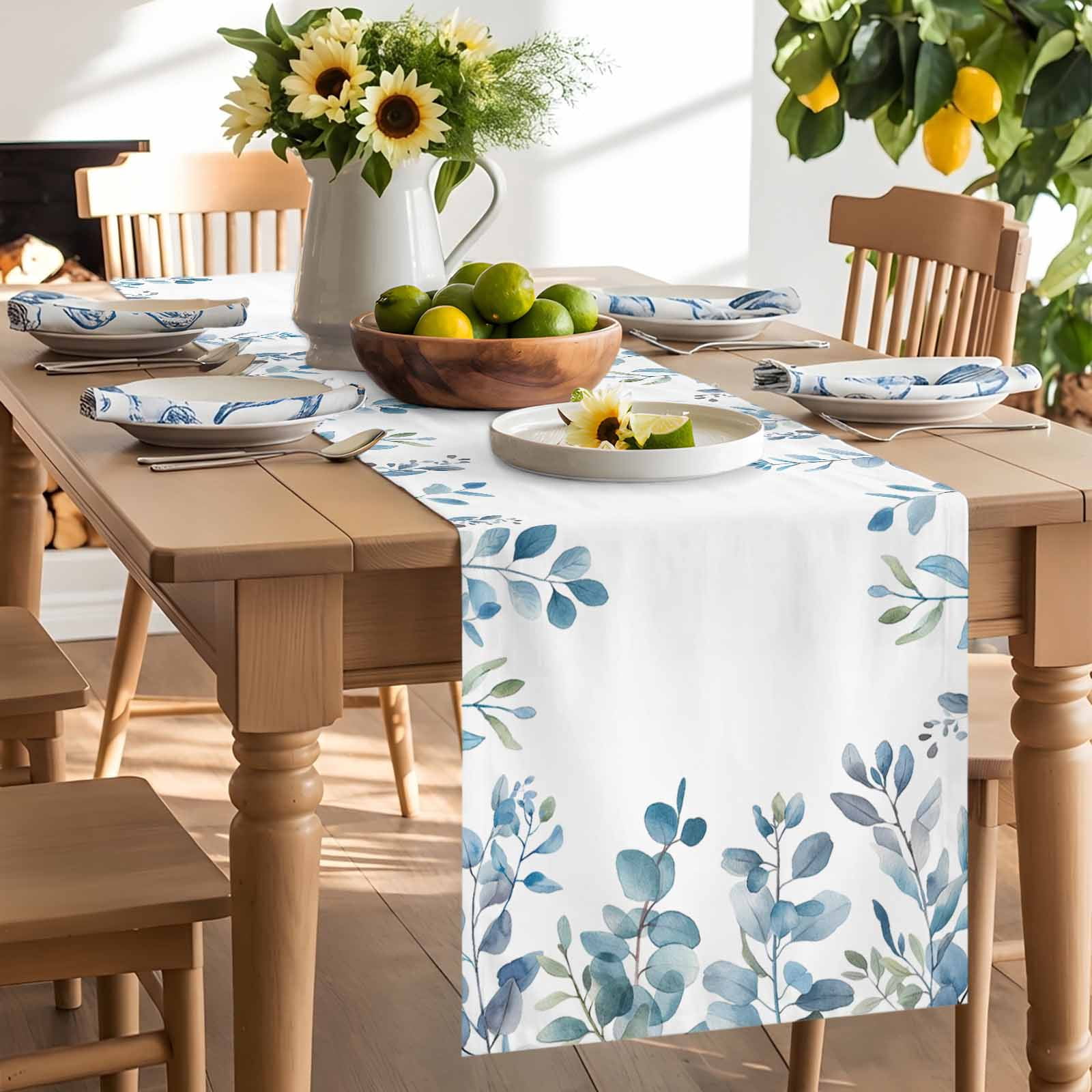 Pastoral Blue Eucalyptus Leaves Table Runner 90 Inches Long, Idyllic Botanical on White Table Runners Tabletop Scarf Kitchen Dining Tables Decoration for Home Party Indoor Outdoor