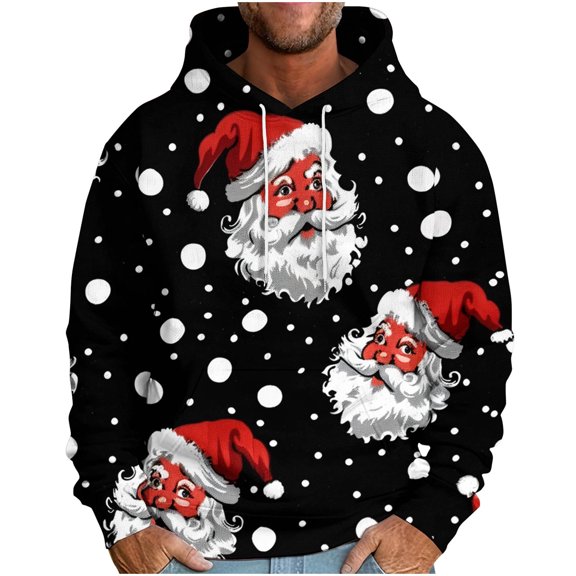 TFEOQRY Christmas Pullover Sweatshirt for Men Santa Claus Printed Drawstring Hoodies Hooded Long Sleeved Sweatshirt Black