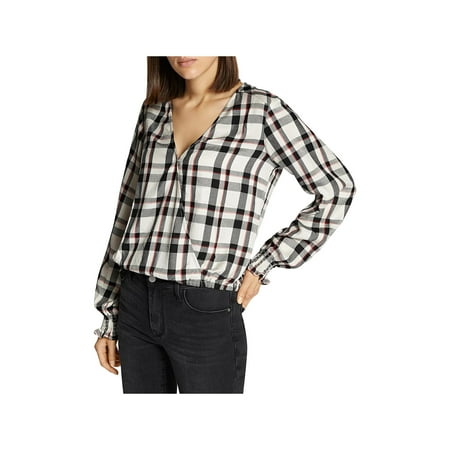 Sanctuary Womens Plaid Smocked Sleeves Pullover Top