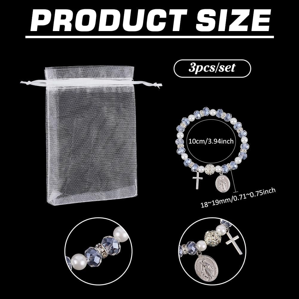 12 Sets Rosary Bracelet Bulk with Mesh Bags 8mm Clear Beaded Stretch Bracelet Baptism Favor Bracelets with Oval Charm