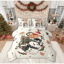 Feelyou Child Christmas Snowman Bedding Comforter Set 7 Pieces, Kawaii Gingerbread Man Full Bedding Set, Retro Xmas Tree Reversible Fitted Sheet Flat Sheet, Lightweight Room Decor