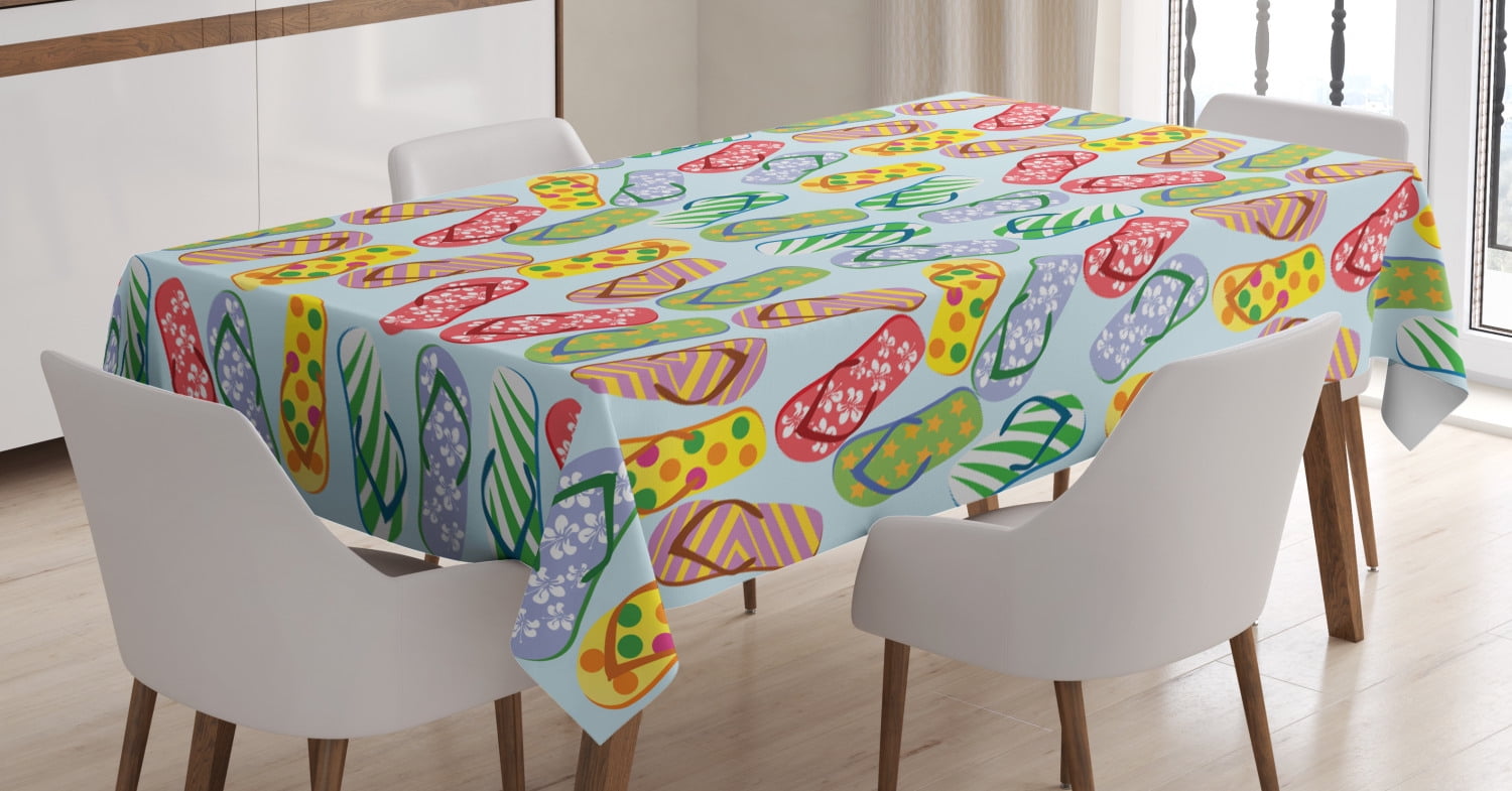 Flip Flop Tablecloth, Stylized Slippers with Hibiscus Flowers Palm Tree