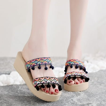 

〖Yilirongyumm〗 Pink 39 Slippers For Women Summer Non Slip Solid Color Slip On Wedges Beach Open Toe Breathable Sandals Shoes Slippers