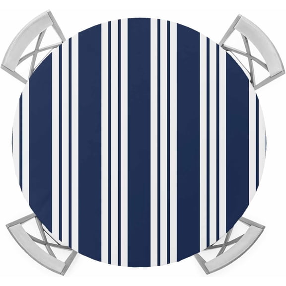 Farmhouse Navy Blue Striped Round Tablecloth, Fitted Table Cover with Elastic for 56-60 Round Tables, Modern Stripes Art Table Cloth Outdoor Indoor Dinning Party Waterproof Tablecloths