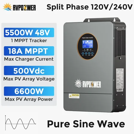 RVPOZWER 5KW Solar Hybrid Inverter 48V DC-120V/220V AC Split Phase Off-Grid Pure Sine