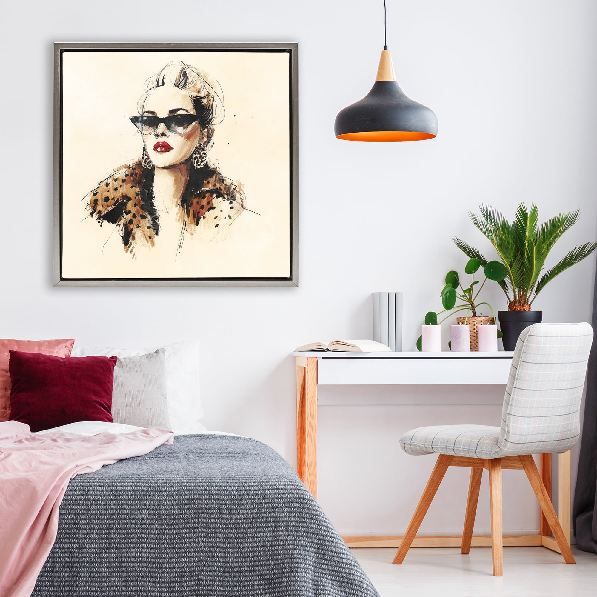 Stupell Industries Glam Leopard Sonata Portrait Gray Framed Floater Canvas Wall Art, design by Svetlana Aleynikova