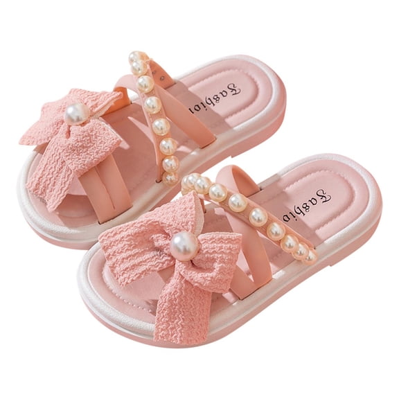 QNANSPI Girls Beach Slides Sandals, Girls Breathable Slippers, Big Girls Bow Pearl Glitter Thick Sole Mid Heel Roman Summer Beach Sandals