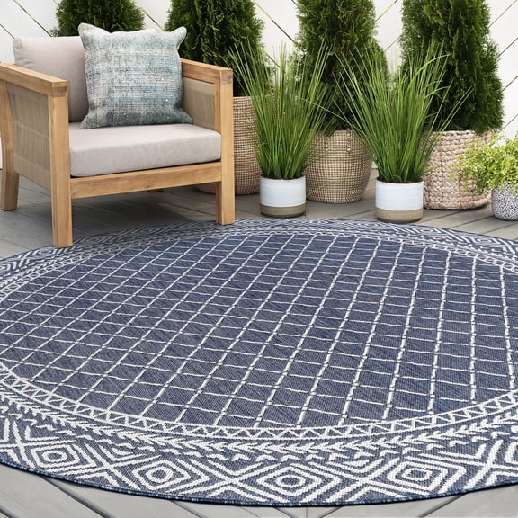 8ft Round Water Resistant, Large Indoor Outdoor Rugs for Patios, Front Door Entry, Entryway, Deck, Porch, Balcony | Outside Area Rug for Patio | Navy, Diamond | Size: 7'11'' Round