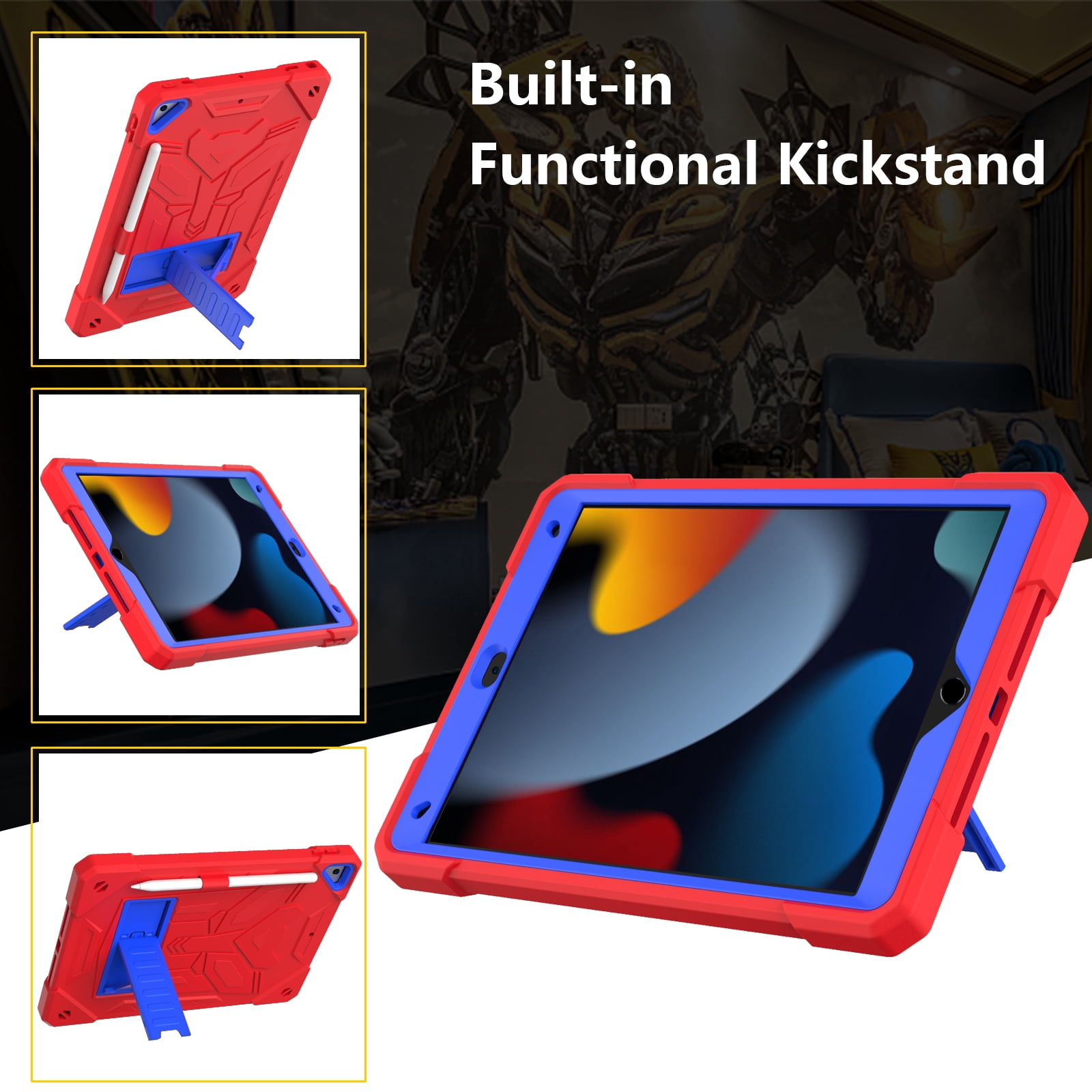 ELEHOLD Hybrid Rugged Case for iPad 9th/8th/7th Gen 10.2 2021/2020/2019, Heavy Duty Shockproof Case with Hidden Foldable Kickstand Adjustable Crossbody Shoulder Strap Pencil Holder,Red
