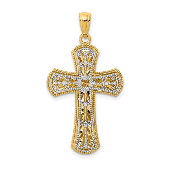 Primal Gold 14 Karat Two-Tone Gold Polished 2-Level Cross Pendant with 18-inch Cable Rope Chain