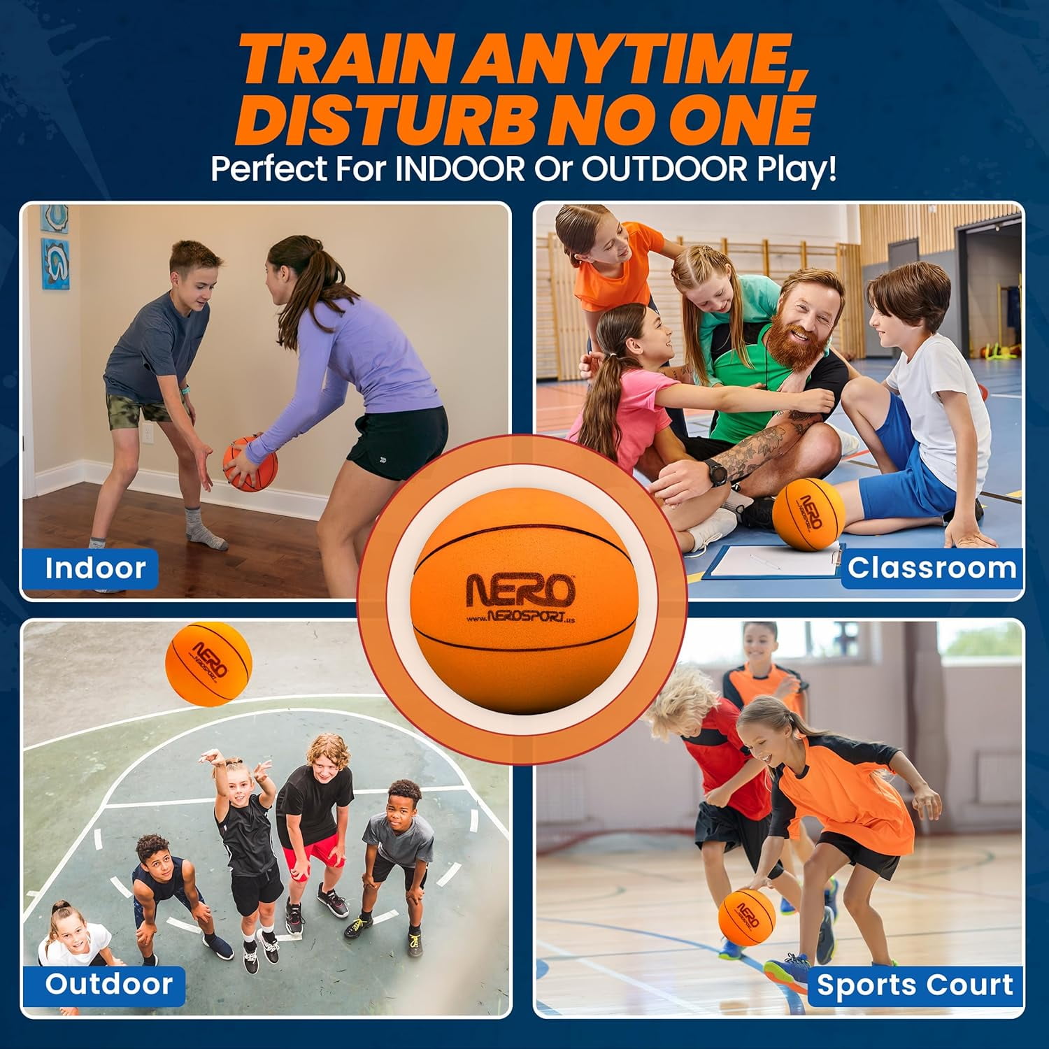 Nero Silent Basketball, Size 3 (7 inches) with Soft Foam Indoor Basketball and Bag