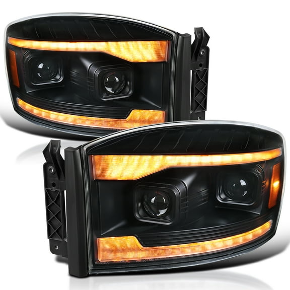 Spec-D Tuning Black Projector Headlights w/ Amber LED Sequential DRL Compatible with 2006-2008 Dodge Ram 1500, 2006-2009 Dodge Ram 2500 3500, Left Right Headlamp Assembly