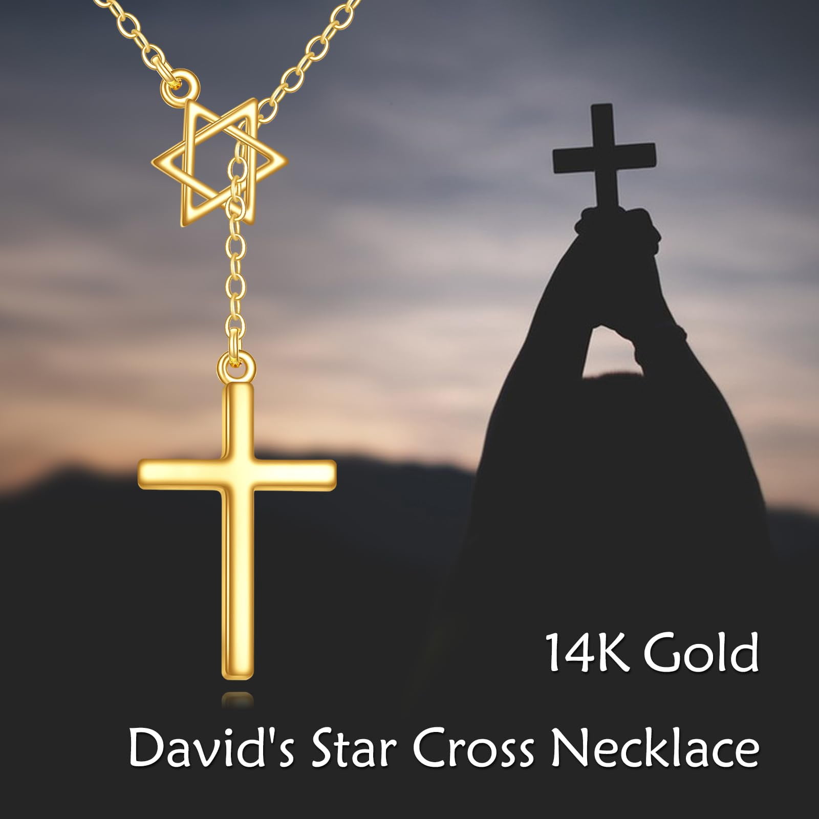 14K Gold Star of David with Y Cross Pendant Necklace for Men Women, Elegant Religious Jewelry Gift for Christmas, Birthday