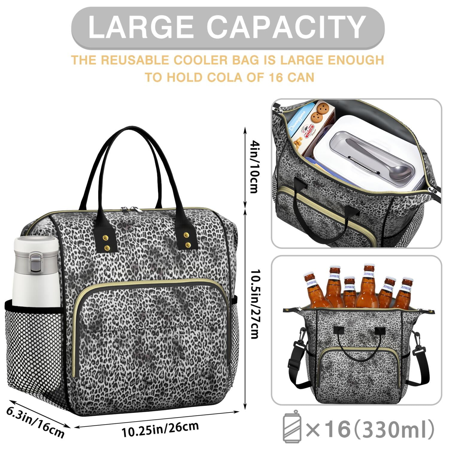 Black and Tan Leopard Print Womens Lunch Box for Work,Insulated Large Lunch Bag for Tween and Teen,Loncheras Para Mujer,Leakproof Adult Lunch Bag for Work,Beach,Travel,Picnic,Camping
