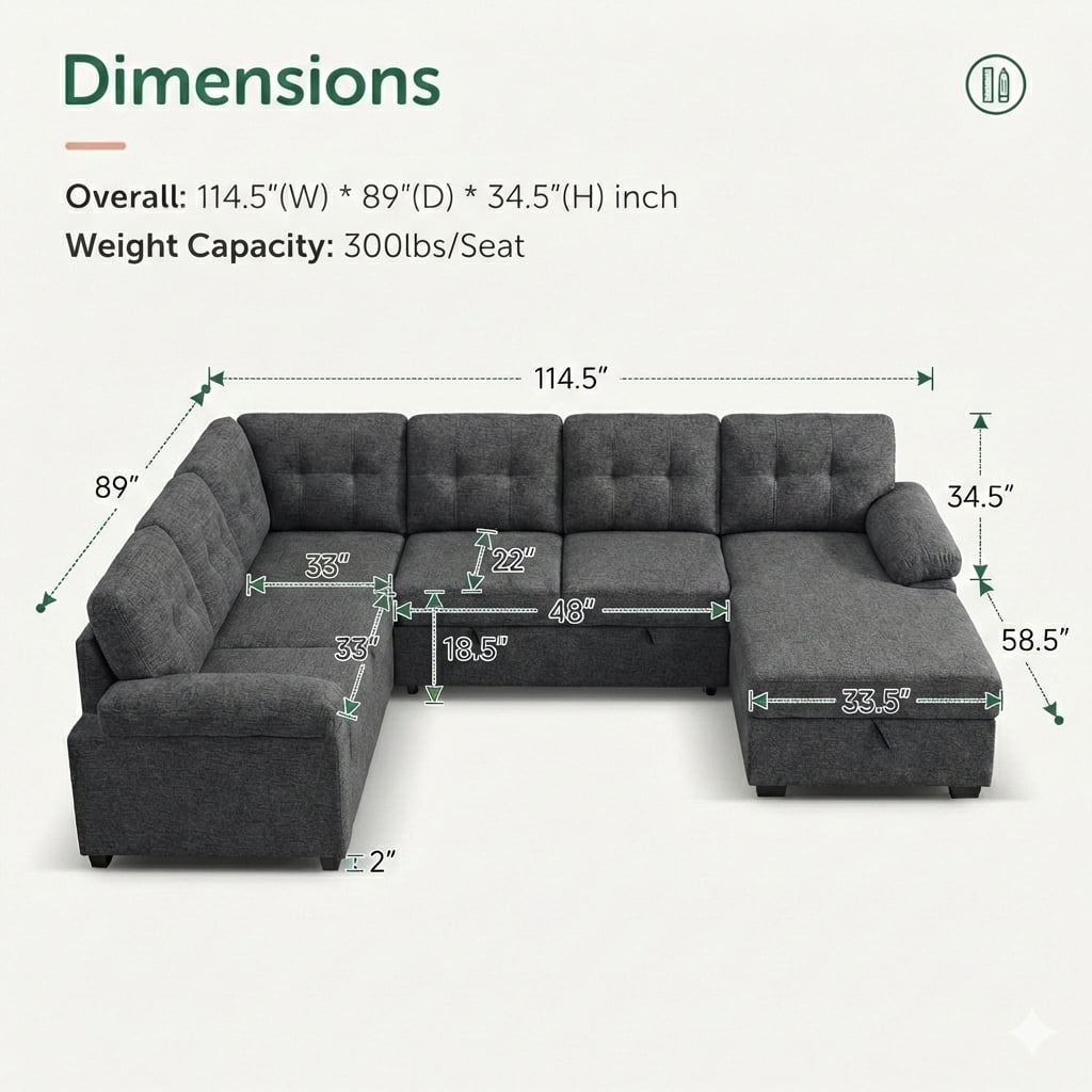 AENKYO U-Shaped Sectional Sleeper Sofa with Pull Out Bed, Linen Modular Couch with Storage for Living Room, Gray