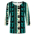 thumbnail image 4 of Cagogo Tee Shirts for Women Summer Tops Under $5 Loose Fitting 3/4 Length Sleeve Vintage Aztec Western Crewneck Ethnic Style Tunics Business Work Green Tshirts Outfits, 4 of 5
