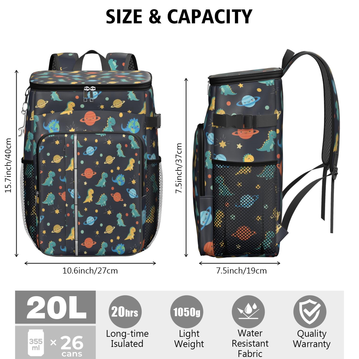 Travel Cooler Bag - Dark Blue Dinosaurs Space Pattern Camping Beer Cooler Backpack with Bottle Opener- Waterproof Insulated Picnic Backpacks - Cooler Bag for Beach
