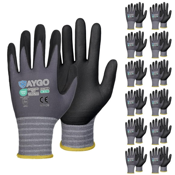 KAYGO Gants de Travail de Sécurité Enduits de Microfoamitrile, 12 Paires KG18NB, Gant en Nylon Tricoté Sans Couture pour Hommes et Femmes, Idéal pour l'Automobile, l'Entrepôt, la Construction (Grand, Gris)