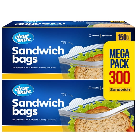 Clearware Zipper Top Sandwich Bags, 300 Count, 2 Pack