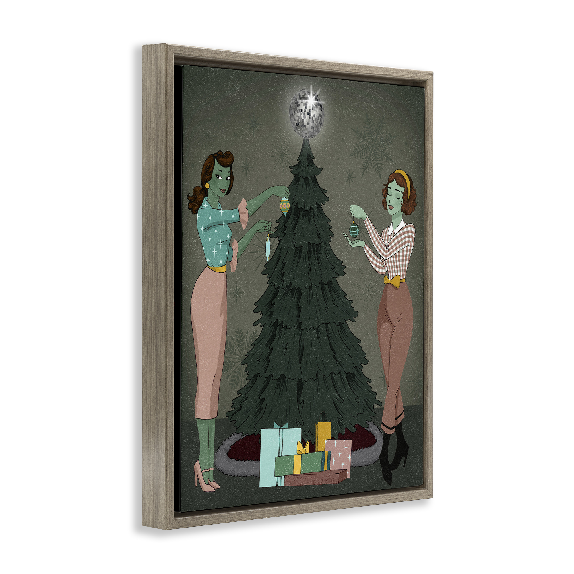 Stupell Industries Girls & Christmas Tree Holiday Painting Brown Floater Framed Art Print Wall Art, 17 x 21