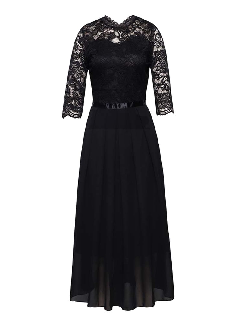 slim fit dress slacks Round Neck Black Floral Lace Long Prom Dresses, Black Lace Floral Long –  Eip Collection main image 0