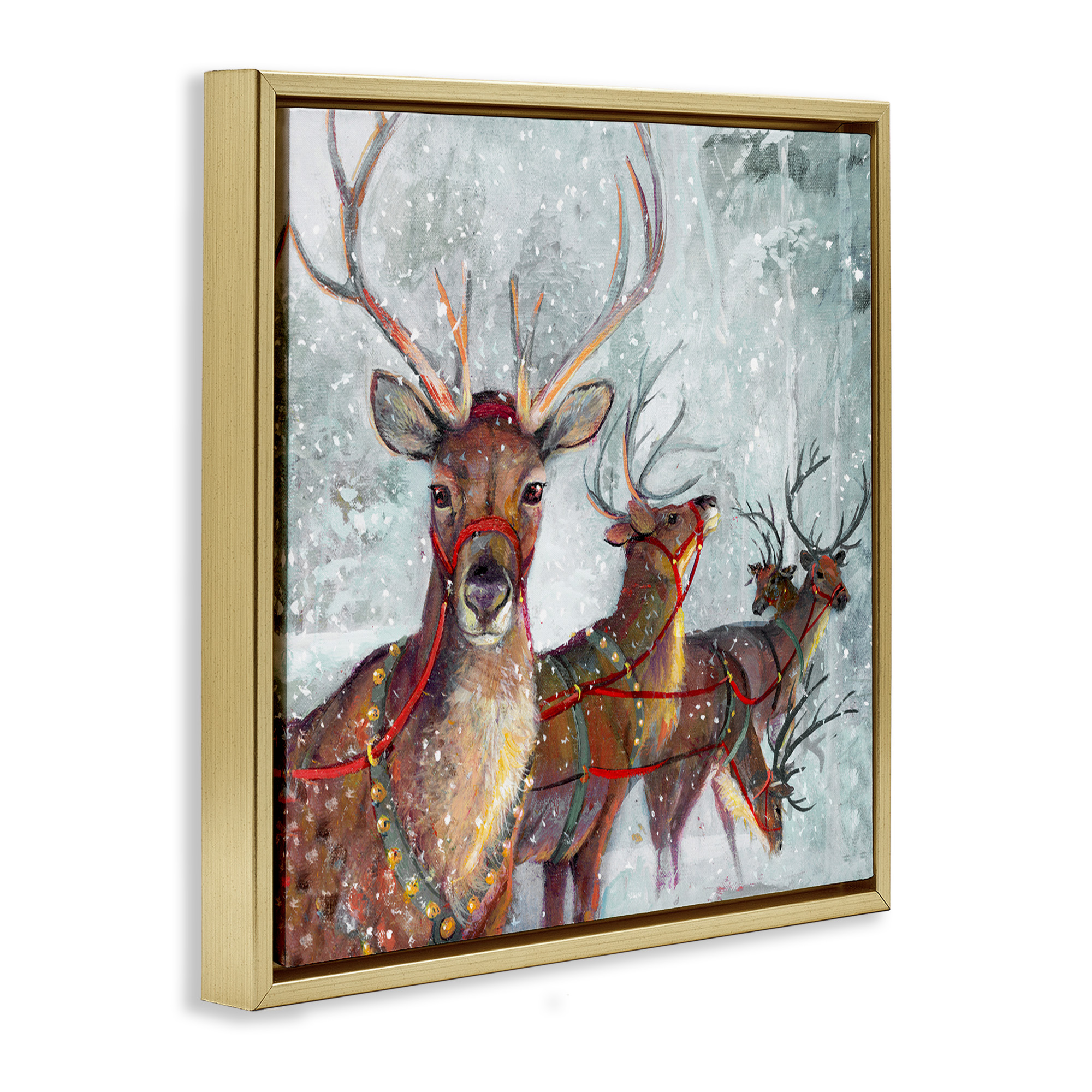 Stupell Industries Winter Reindeer Holiday Landscape Holiday Painting Gold Floater Framed Canvas Art Print Wall Art, 18 x 18