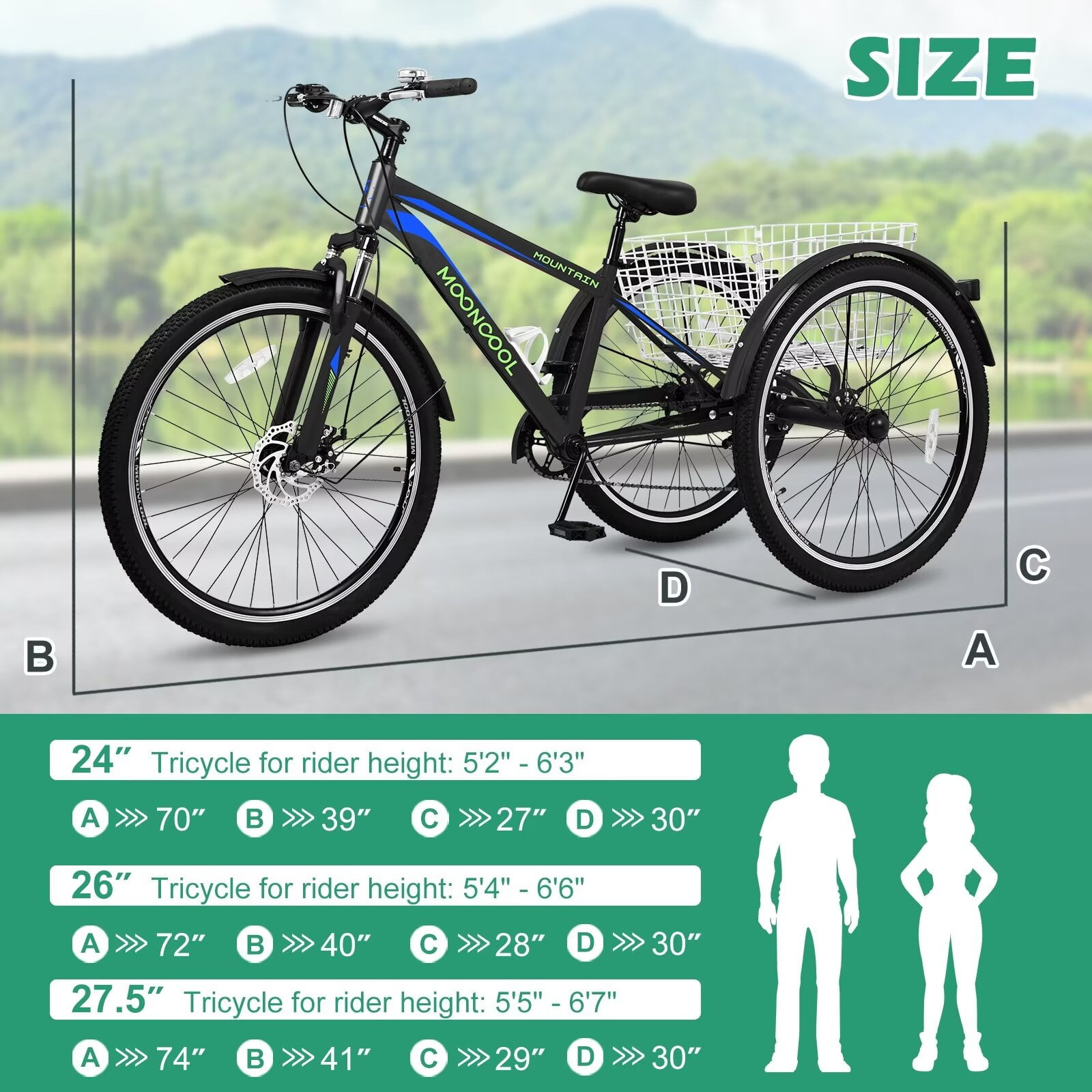 MOPHOTO 24"/26" Mountain Tricycle for Women/Men, 7 Speed Adult Mountain Trike Bicycle with Big Basket, 3 Wheel Bike Cruise Bike, Adult Trike, for Exercise