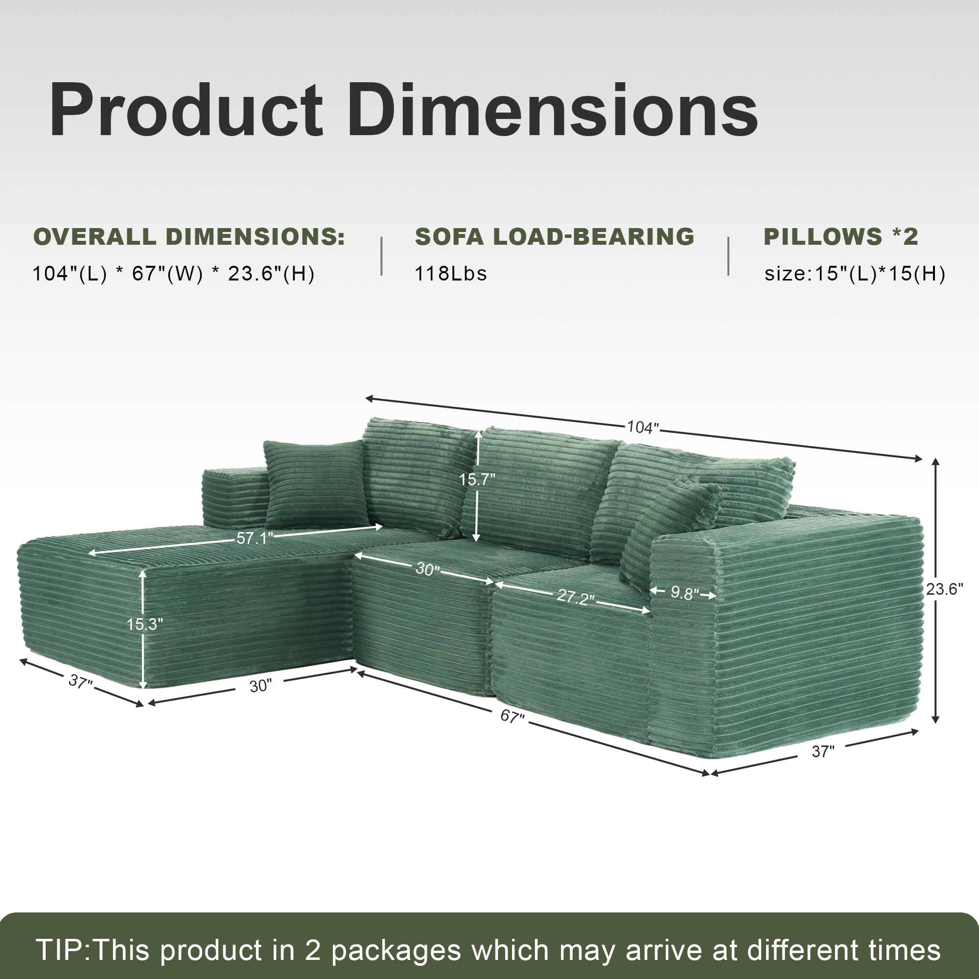 MAYEERTY Modern Corduroy Modular Sofa, Sectional Boneless Couches for Home, 104×67" Green