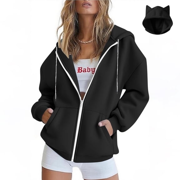 Women's Solid Color With Ear Hat Loose Casual Long Sleeve Sweatshirt Top