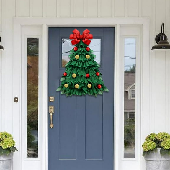 24 Inch Large Triangle Christmas Tree Wreath Handmade Farmhouse Holiday Decor with Red Bow and Christmas Ornaments for Front Door Window Wall Indoor Outdoor Christmas Decoration Xmas Home Decor