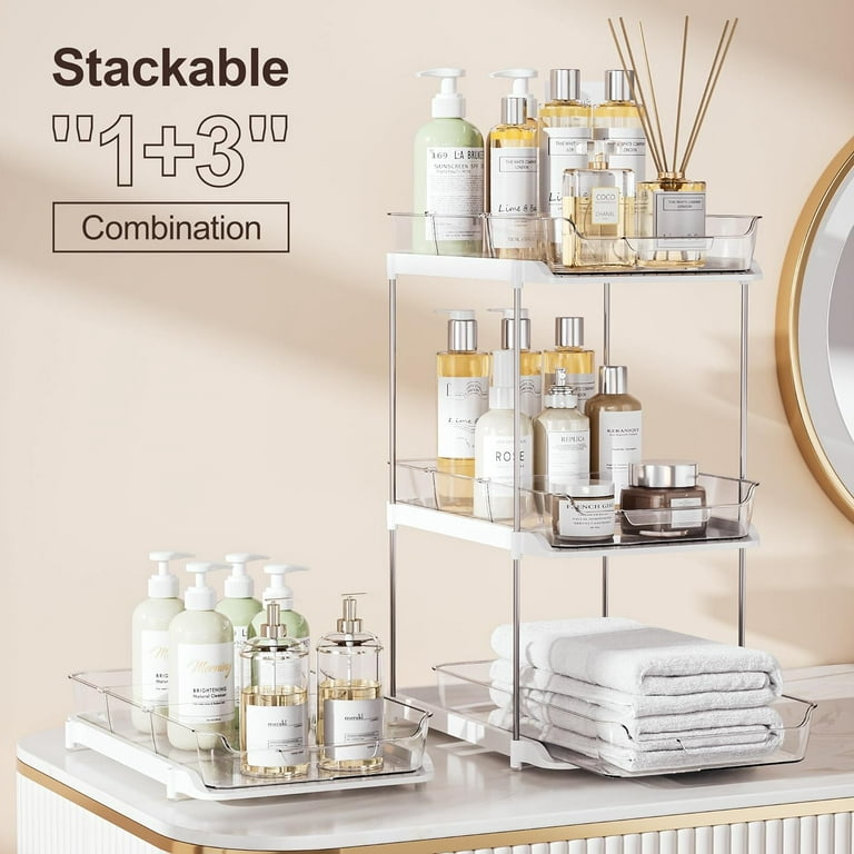 Delamu 2 Sets of 2-Tier Clear Under Sink Organizers and Storage,  Multi-Purpose Stackable Bathroom Cabinet organizers, Pull Out Kitchen  Pantry