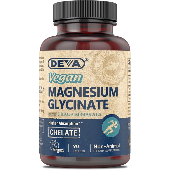 DEVA Vegan Magnesium Glycinate 300mg per serving with Trace Minerals, Higher Absorption, Chelated Magnesium, 90 Tablets.