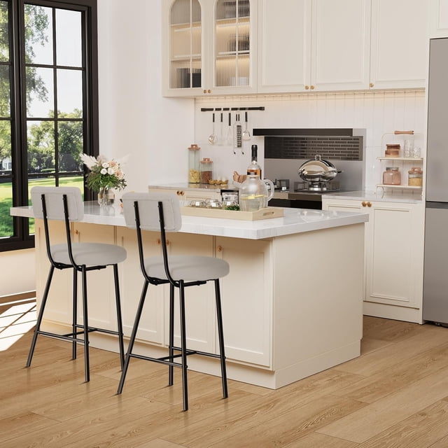 Bar Stool Chairs Set of 2, Modern Upholstered Counter Height Barstools with Round Seat, Armless Bar Chair with Back, Footrest and Metal Legs, for Kitchen Island, Dining Room, Cafe Pub - Grey