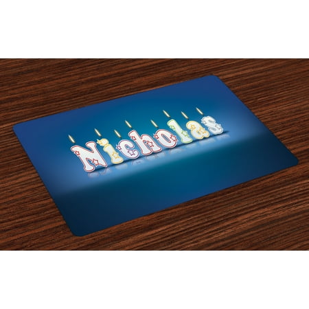

Nicholas Placemats Set of 4 Surprise Party for the Birthday Boy Child`s Name with Burning Candles Washable Fabric Place Mats for Dining Room Kitchen Table Decor Blue and Multicolor by Ambesonne