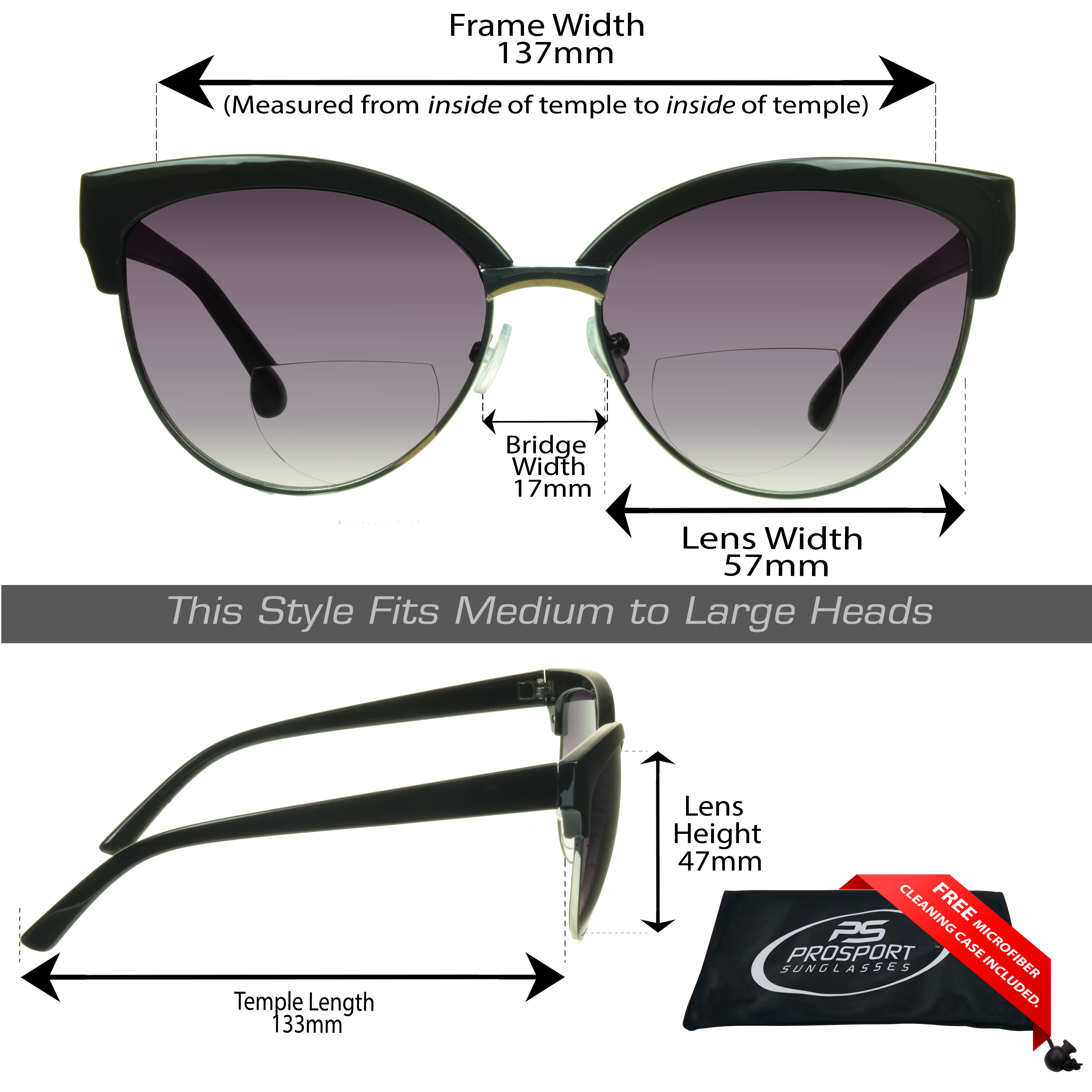 proSPORT Women Bifocal Reading Cateye Fashion Horn Rim Sunglasses Black Silver Frame Smoke Lens +1.25 - image 2 of 5
