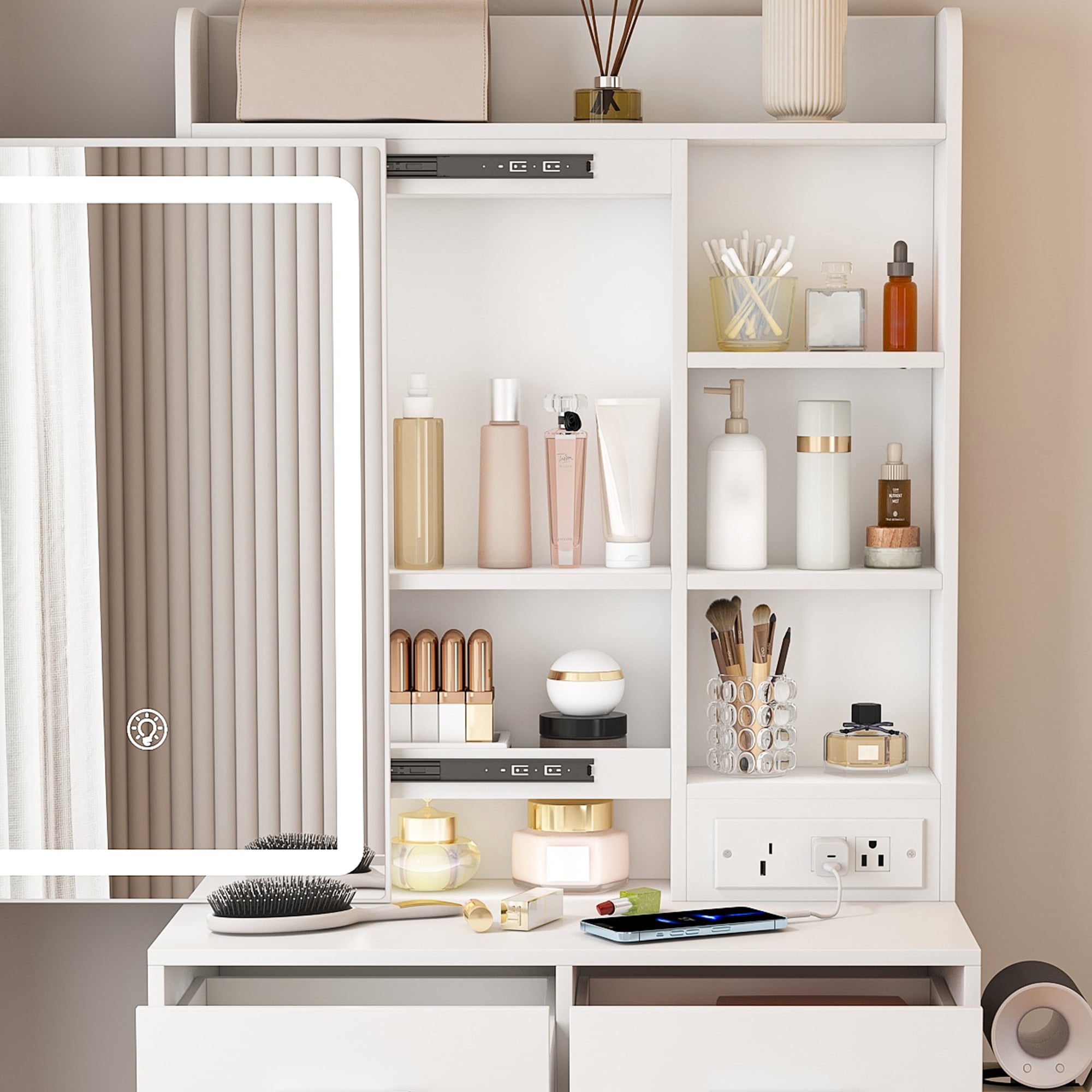 Small Makeup Vanity Set, 2 Piece with Sliding LED Mirror, 3-Color Dimmable, 2 Drawers 3 Shelves Hidden Storage & Power Outlet/USB for Girls & Teens