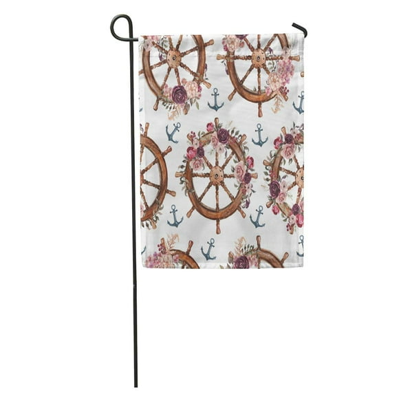 POGLIP Watercolor Nautical Floral Pattern Steering Wheel Anchor and Arrangement Garden Flag Decorative Flag House Banner 12x18 inch