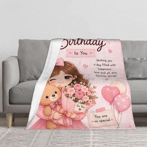 Pink Cute Cartoon Floral Birthday Gift Flannel Throw Blanket Soft Blankets for Bed Sofa