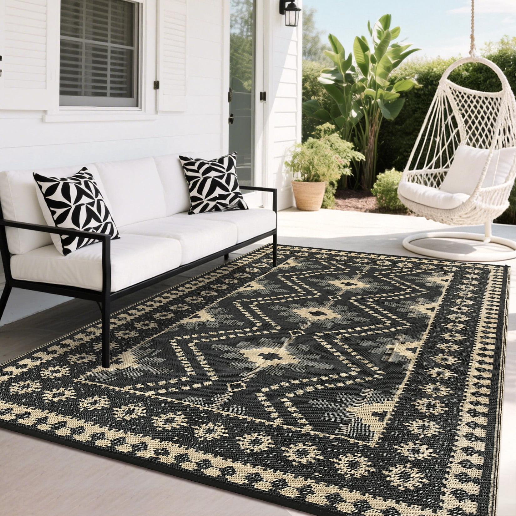 Garvee 8'x10' Outdoor Rug Waterproof Plastic Straw Rug, Reversible Camping Rugs Camping RV Mat Outside Vintage Diamond Carpet for Patio Deck Backyard Beach Picnic, Coffee