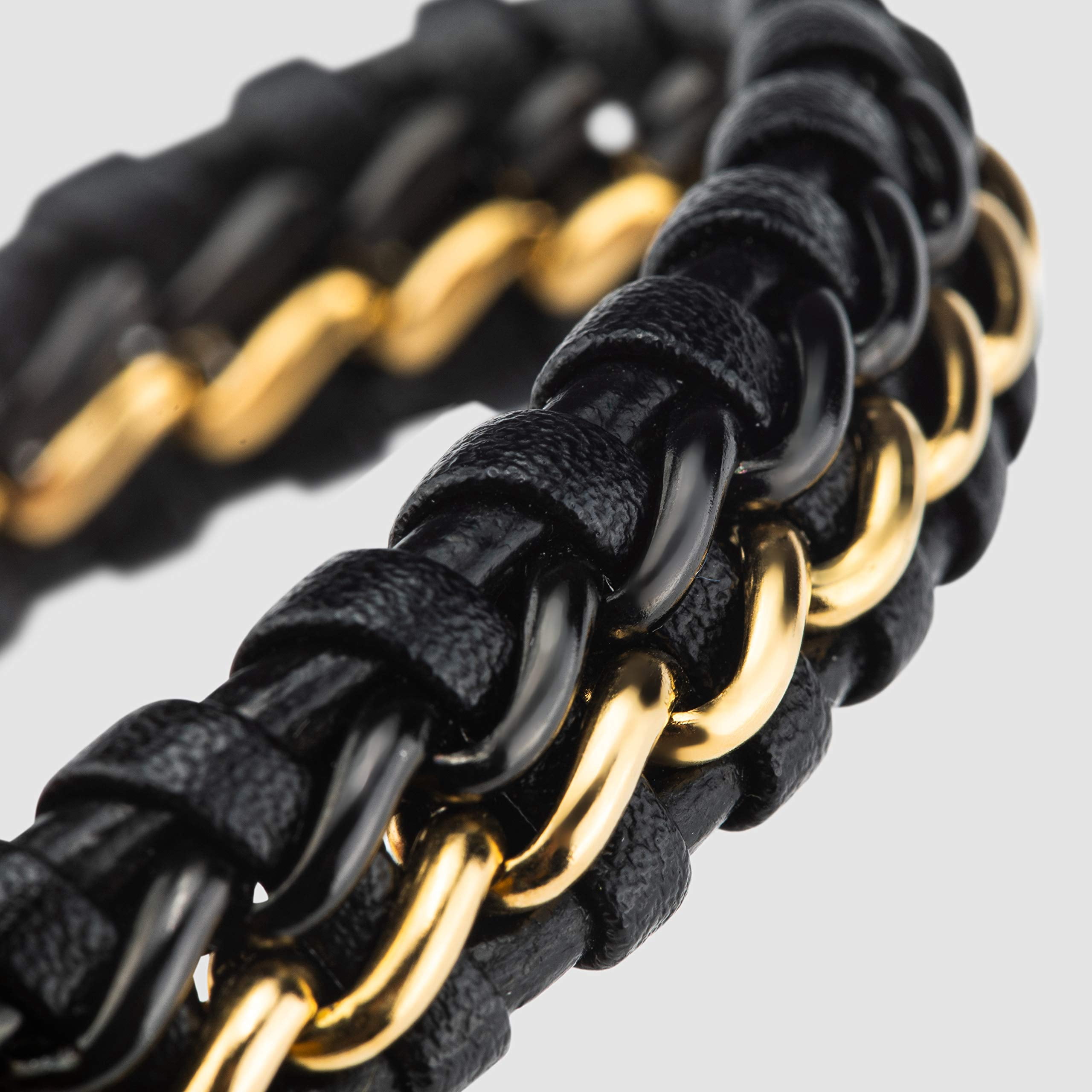 SERASAR Leather Bracelet for Man "Steel" with stainless steel magnetic closure, Gold/Black 20cm, including gift box