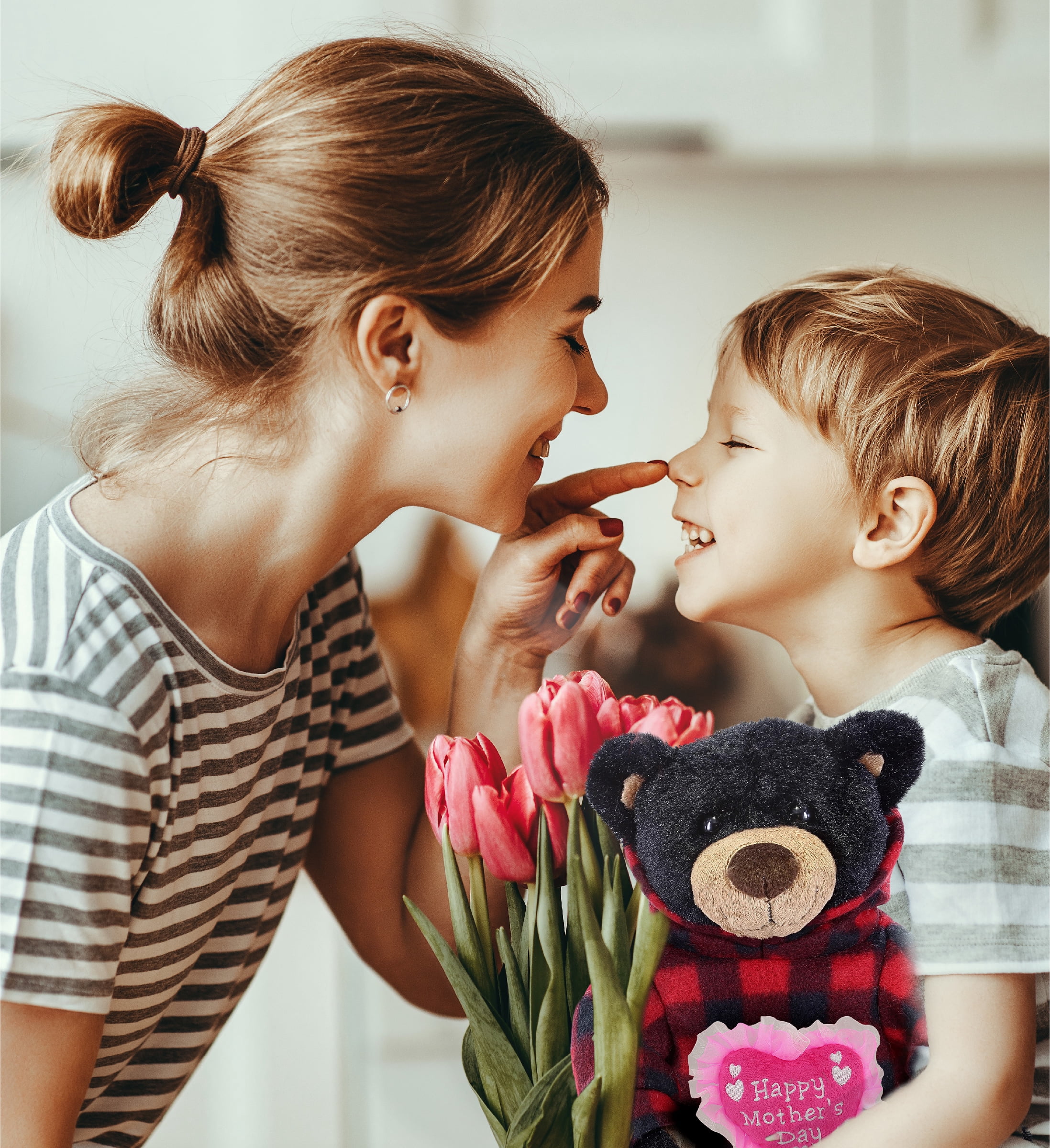 DolliBu Happy Mother's Day Super Soft Plush Black Bear With Red Plaid Hoodie - Cute Stuffed Animal with Pink Heart Message for Best Mommy, Grandma, Wife, Daughter, Wild Life Plush Toy Gift - 10 Inches