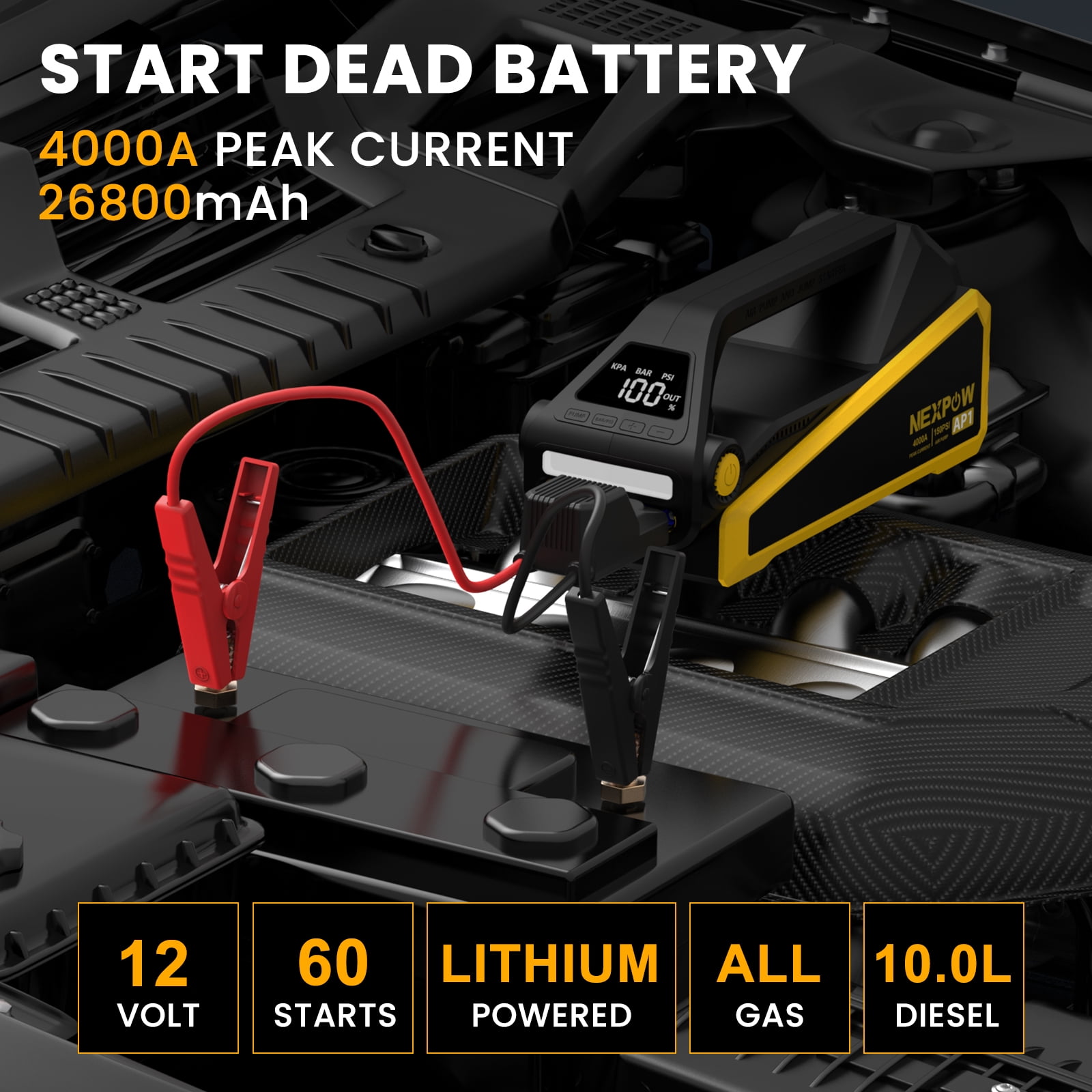 NEXPOW 4000A Car Battery Jump Starter with 150 PSI Air Compressor, 12V Jump Box with Jumper Cables(All Gas/ 10.0L Diesel), LCD Display
