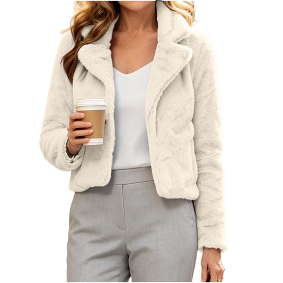 Cropped Faxu Fur Jacket for Women Solid Color Turndown Collar Winter Soft Warm Plush Outwear S