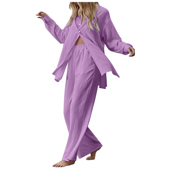 HBFAGFB Womens Sets 2 Piece Outfits Ladies Retro Shirt and High Waisted Pants Daily Wear Purple Size XXL