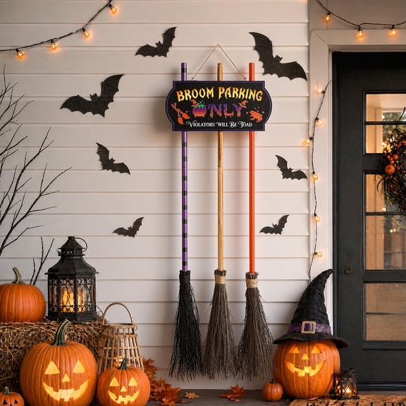 Halloween Decorations Light-Up Broom Parking Only Sign with 3 Witch Brooms, Violators Will Be Toad Funny Witch for Indoor Wall Outdoor Front Porch Yard Party Decor or Home Office Living Room