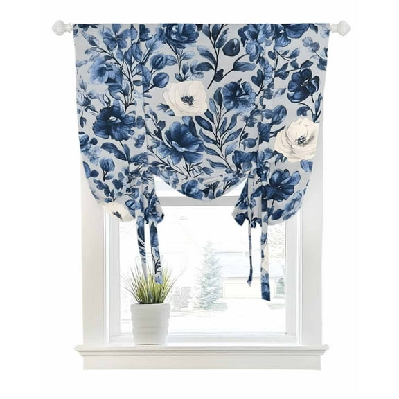 Navy Blue White Peony Tie Up Curtains for Window, Thermal Insulated Balloon Shade Adjustable Rod Pocket Curtains Valance Panels for Kitchen Bathroom Cafe 52 x 45 Vintage Floral Blossom