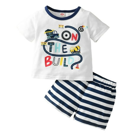

OLLUISNEO Infant Baby Boys Summer Shorts Outfits Letter Print Short Sleeve Top Stripe Elastic Shorts 2 PCS Set 18-24 Months White