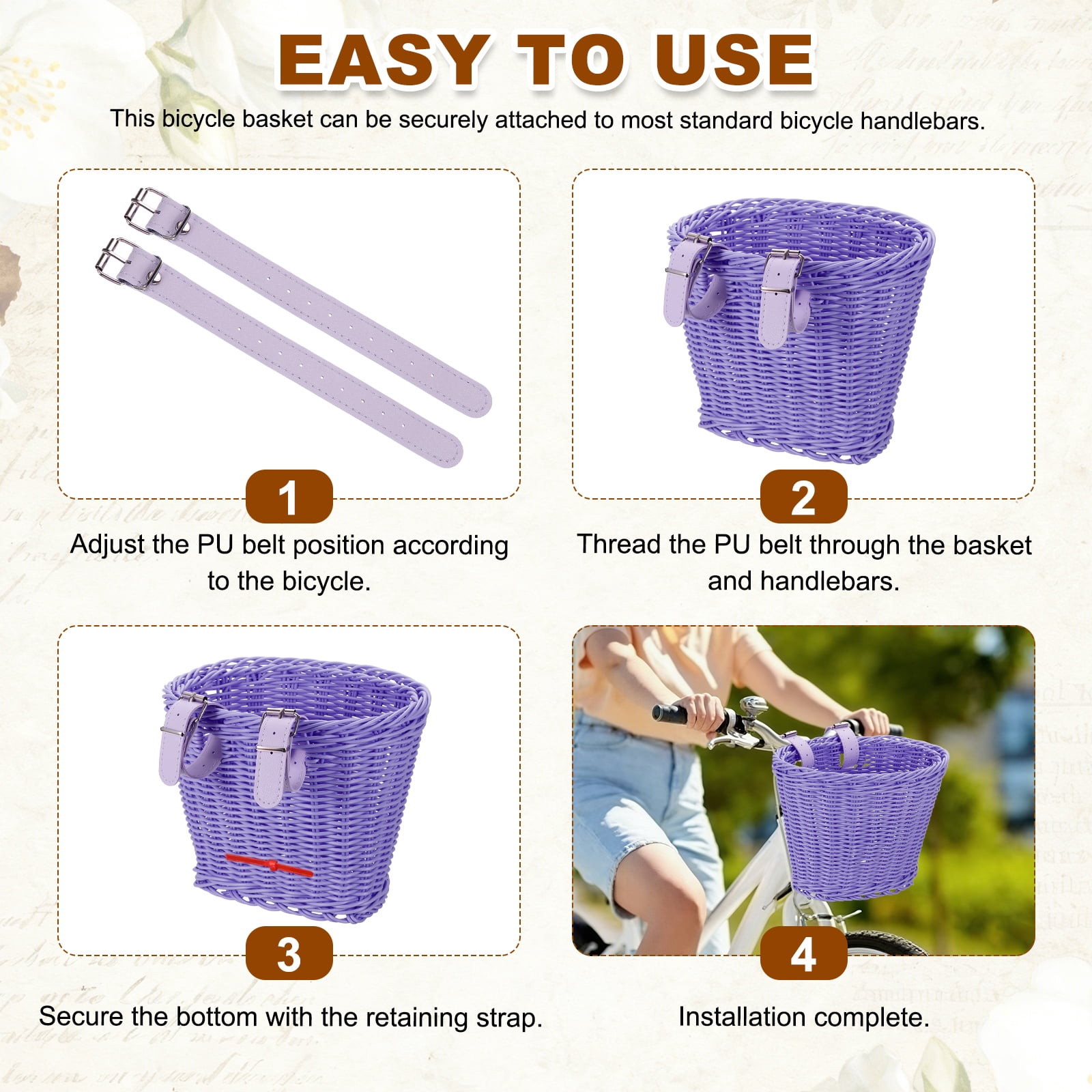 Uxcell Bike Basket Front, Hand-Woven Bicycle Basket with Adjustable PU Belts 1 Pack & Purple-Fitting For(Most Road Bikes, Bicycles/Scooters)