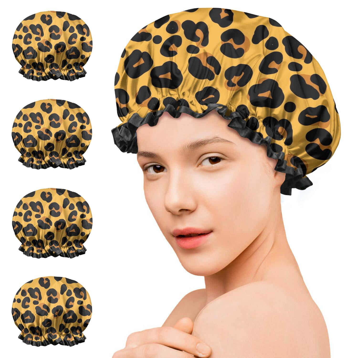 Shower Caps,Yellow and Black Of Leopard Print Waterproof Shower Cap for Women 4 Pieces,Double Reusable Hair Cover for Shower PEVA Elastic Stretch Hem