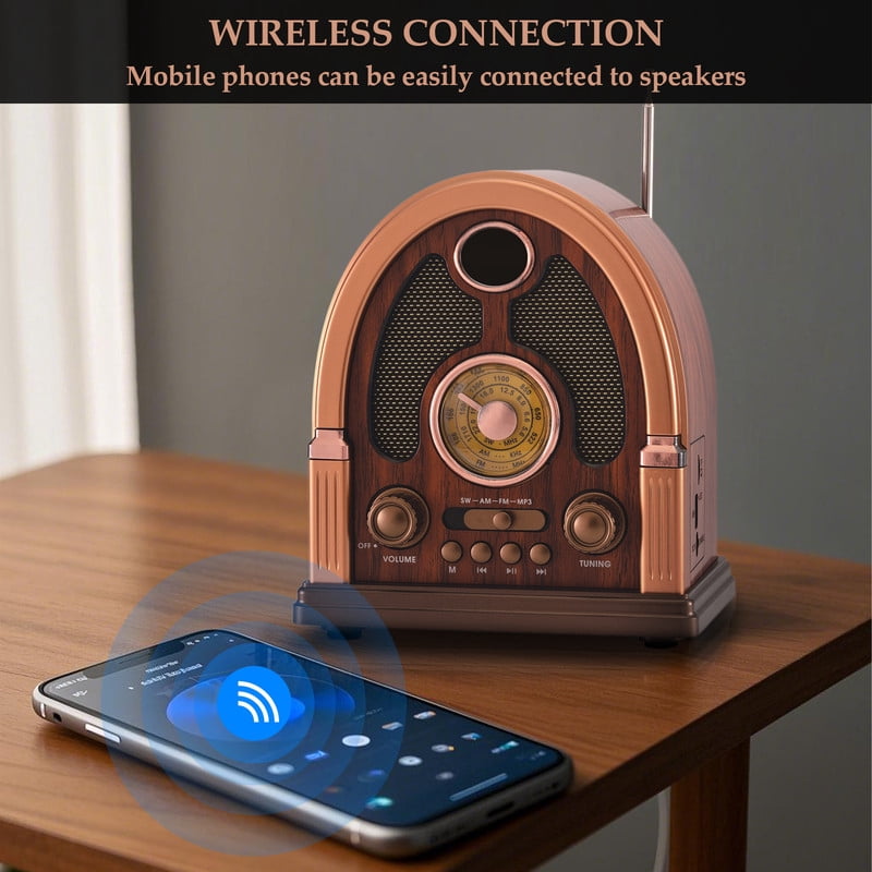 Retro Wireless Bluetooth Speaker, AM/FM/SW Radio Wood Classic Table Radio, Portable Retro Bluetooth Speaker With USB/TF Inputs, Retro Wood Radio for Kitchen Desk Bedroom Office Party Outdoor